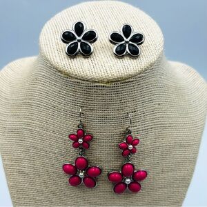 Flower Power Earrings Set of 2 Silvertone Black Stud & Pink Drop Dangle Retro